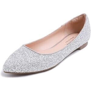 New Fever Sole Womens 7 Silver Glitter Pointed Toe Slip On Ballet Flat Shoes
